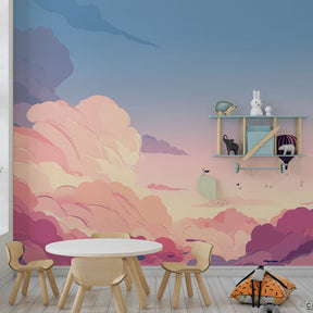 Dreamy balloon wallpaper creating serene kids bedroom with soft cloud design