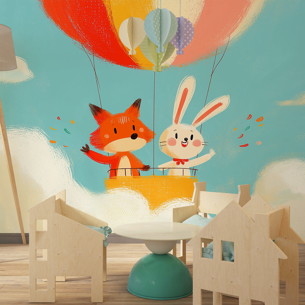 Adventure-themed children's bedroom featuring hot air balloon wallpaper with animal characters