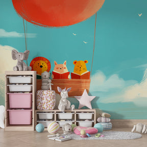 Hot air balloon animal wallpaper creating dreamy kids bedroom atmosphere