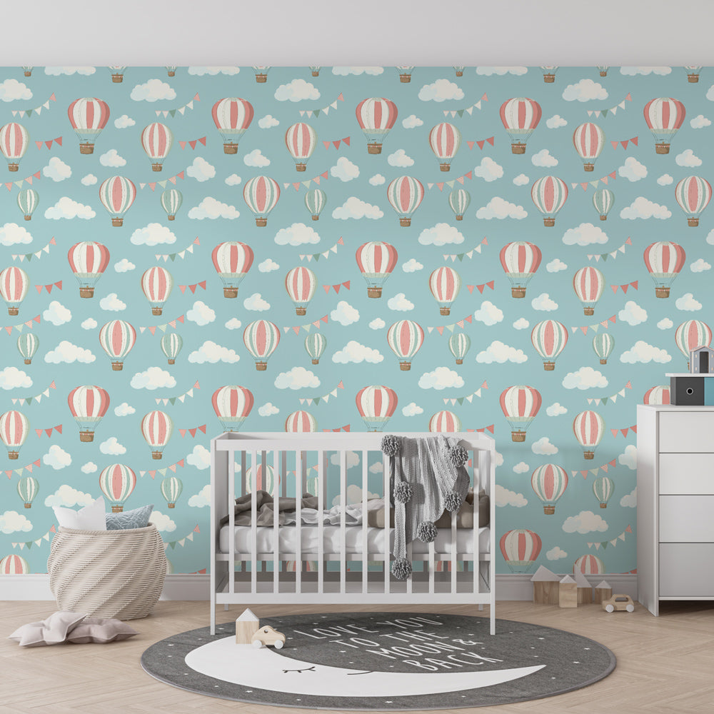 Colorful hot air balloon wallpaper in modern kids bedroom with natural wood furniture by Kids-Mundo