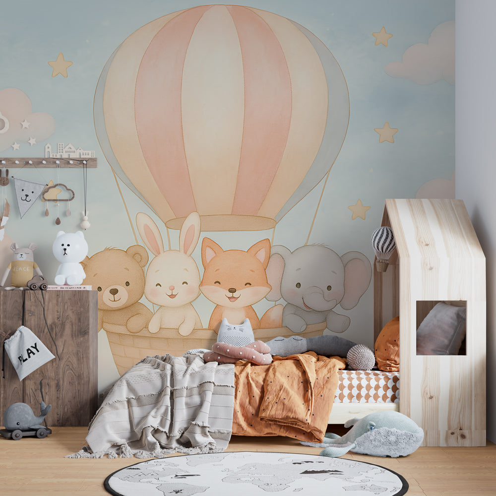 Children's hot air balloon wallpaper creating magical atmosphere in kids bedroom decor