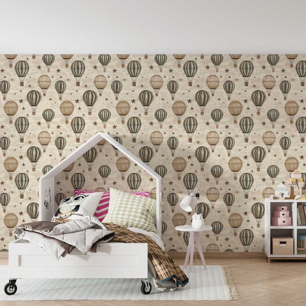 Vintage hot air balloon wallpaper creating dreamy atmosphere in children's bedroom decor