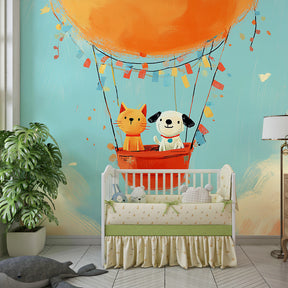 Animal adventure balloon wallpaper creating magical kids bedroom atmosphere