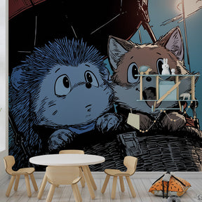 Children's bedroom featuring hot air balloon mural wallpaper with hedgehog and fox characters