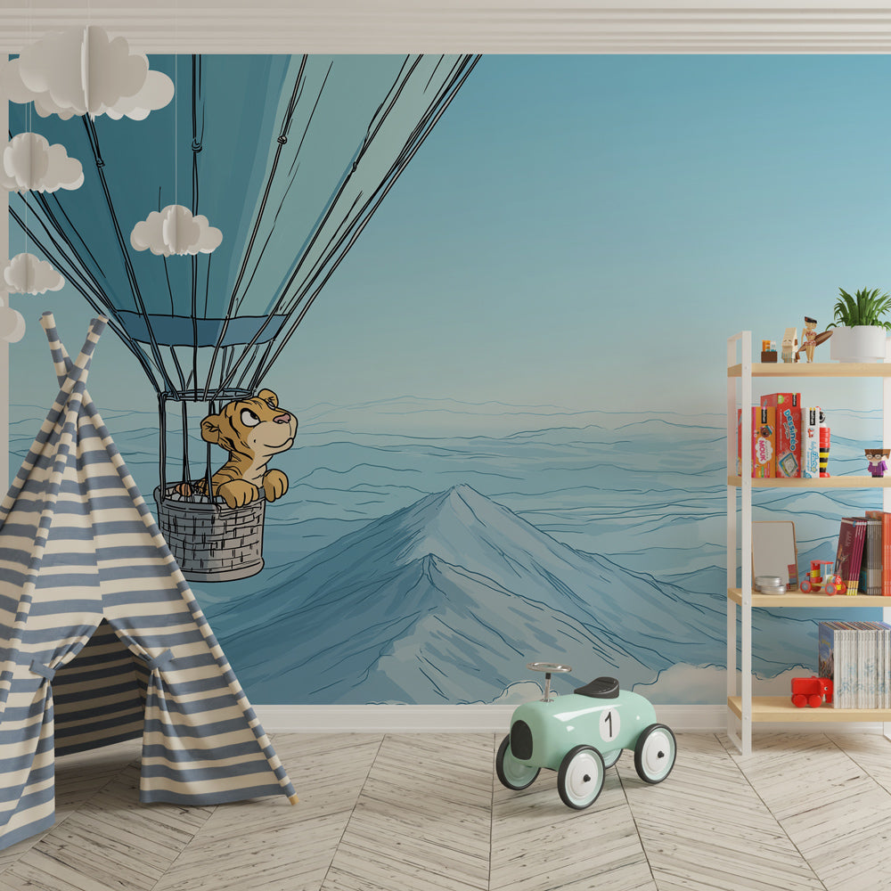 Adventure-themed hot air balloon wallpaper transforming children's bedroom with mountain landscape