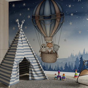 Magical balloon and forest wallpaper creating dreamy children's bedroom atmosphere