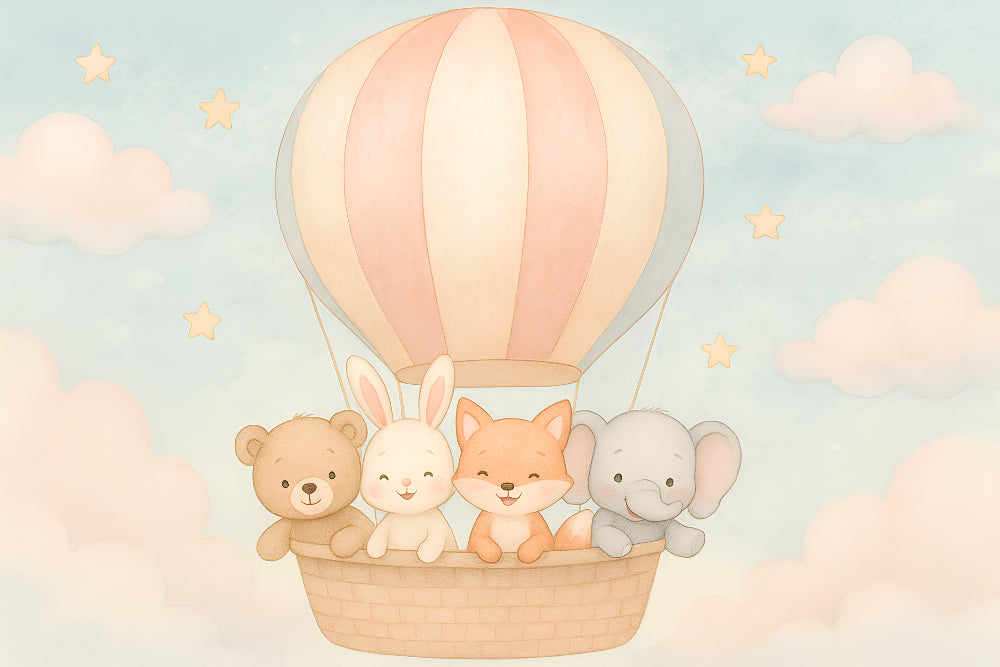 Detailed hot air balloon with animals mural wallpaper design pattern by Kids-Mundo