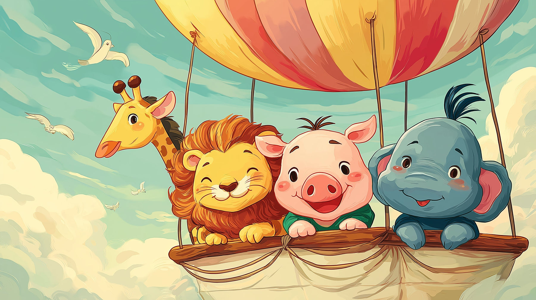 Detailed hot air balloon animals in clouds mural wallpaper design pattern by Kids-Mundo