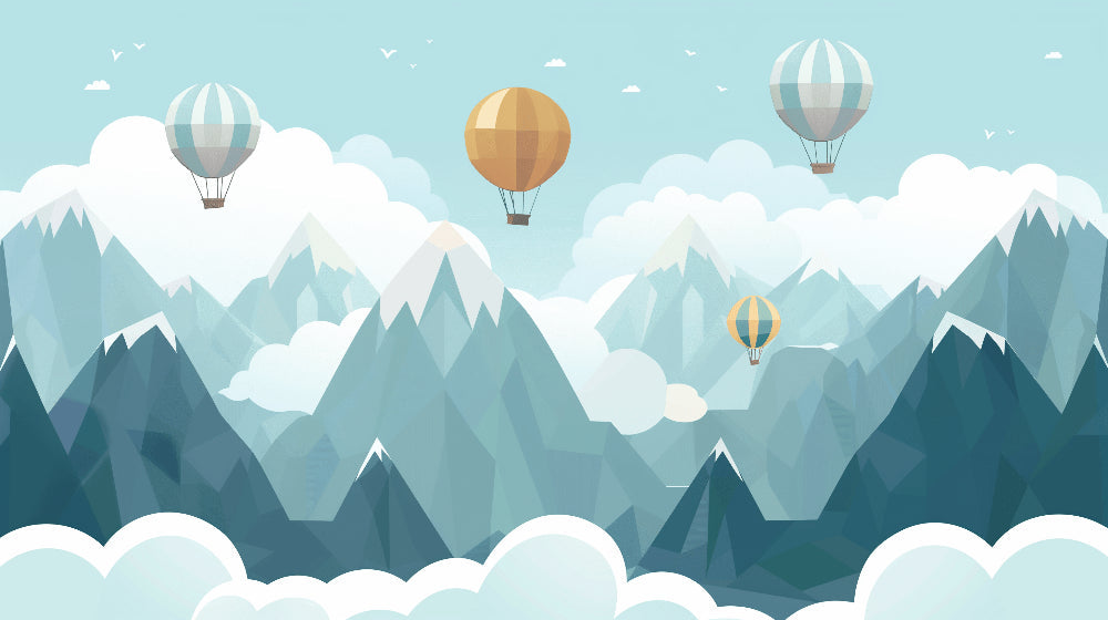 Detailed hot air balloon and mountain mural wallpaper design pattern with azure sky by Kids-Mundo