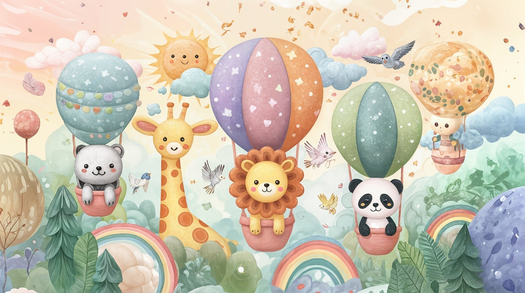 Detailed hot air balloon animal mural wallpaper design pattern showing lions pandas bears by Kids-Mundo