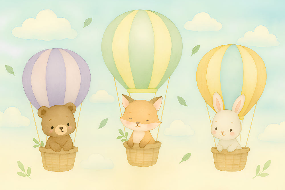 Detailed pastel hot air balloon mural wallpaper design pattern with animals and clouds by Kids-Mundo