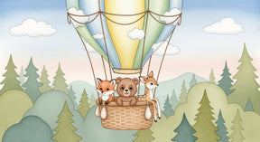 Detailed hot air balloon and woodland friends mural wallpaper design pattern by Kids-Mundo
