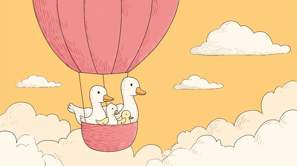 Detailed hot air balloon with happy ducks mural wallpaper design pattern by Kids-Mundo