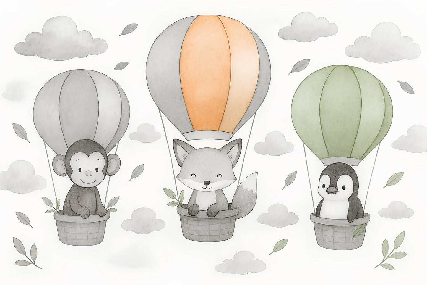 Detailed hot air balloon animals mural wallpaper design pattern with clouds by Kids-Mundo