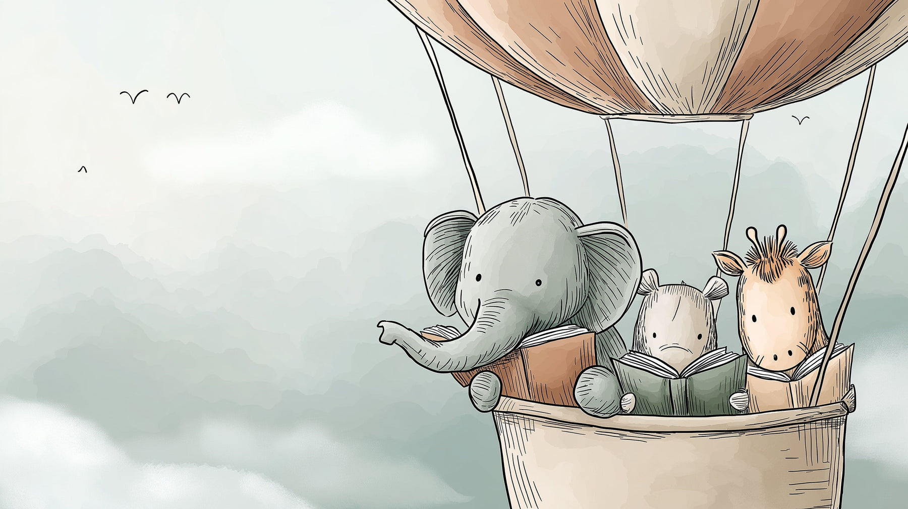 Detailed hot air balloon mural wallpaper design pattern with reading animals by Kids-Mundo