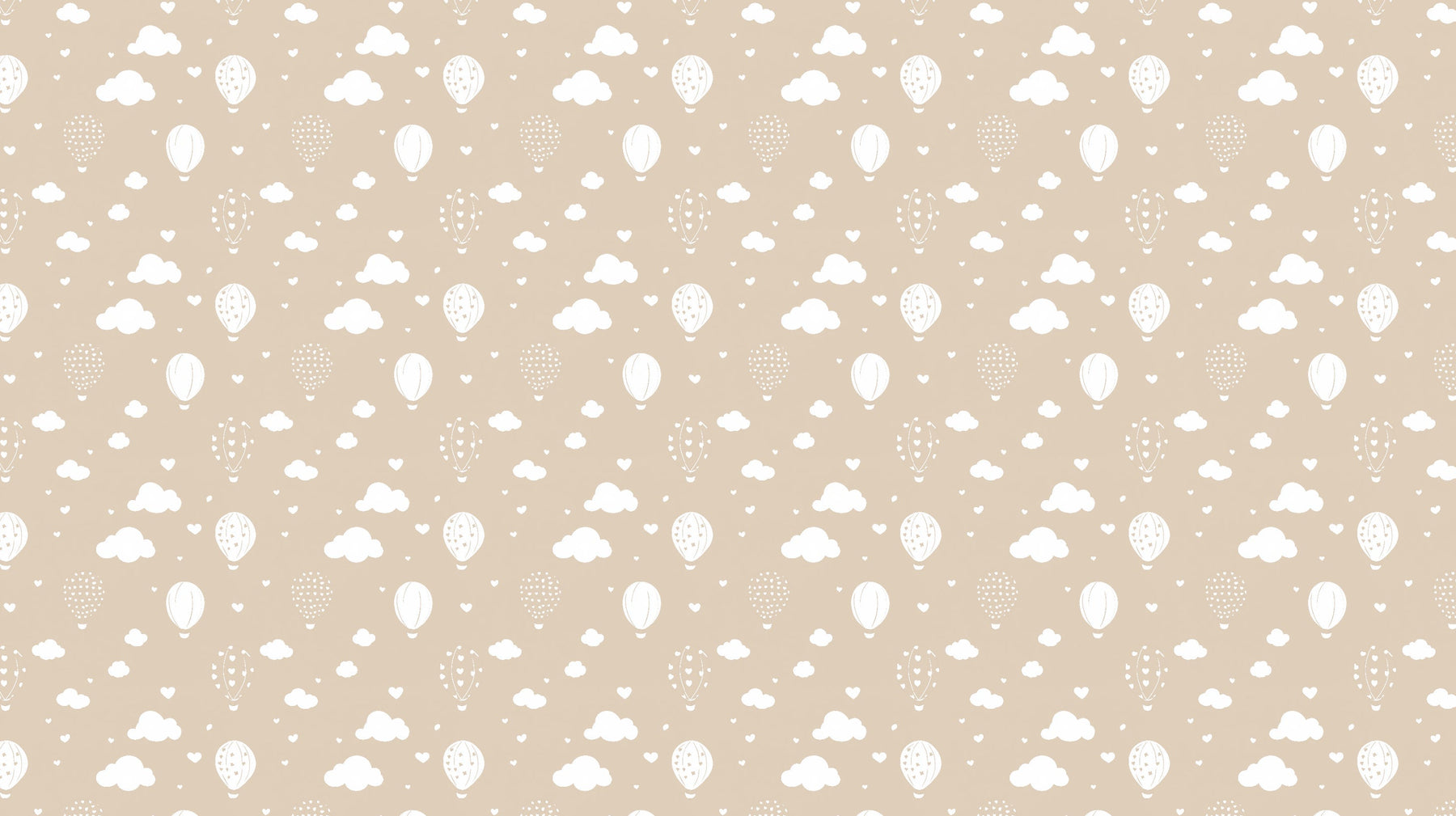 Detailed hot air balloon mural wallpaper design pattern with clouds and hearts on beige background by Kids-Mundo