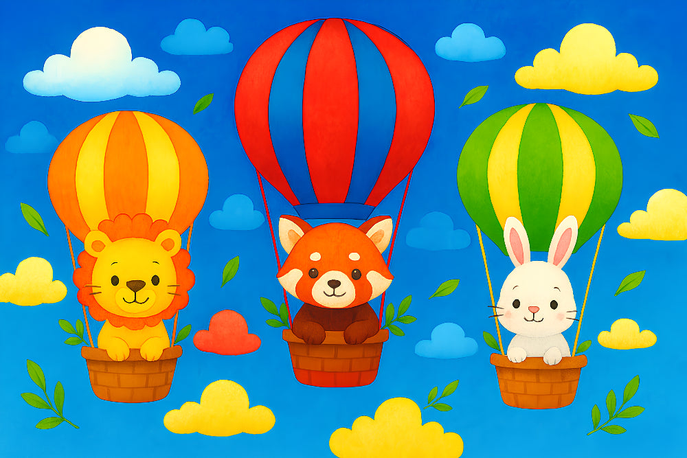 Hot air balloon mural wallpaper design pattern with animals and clouds by Kids-Mundo