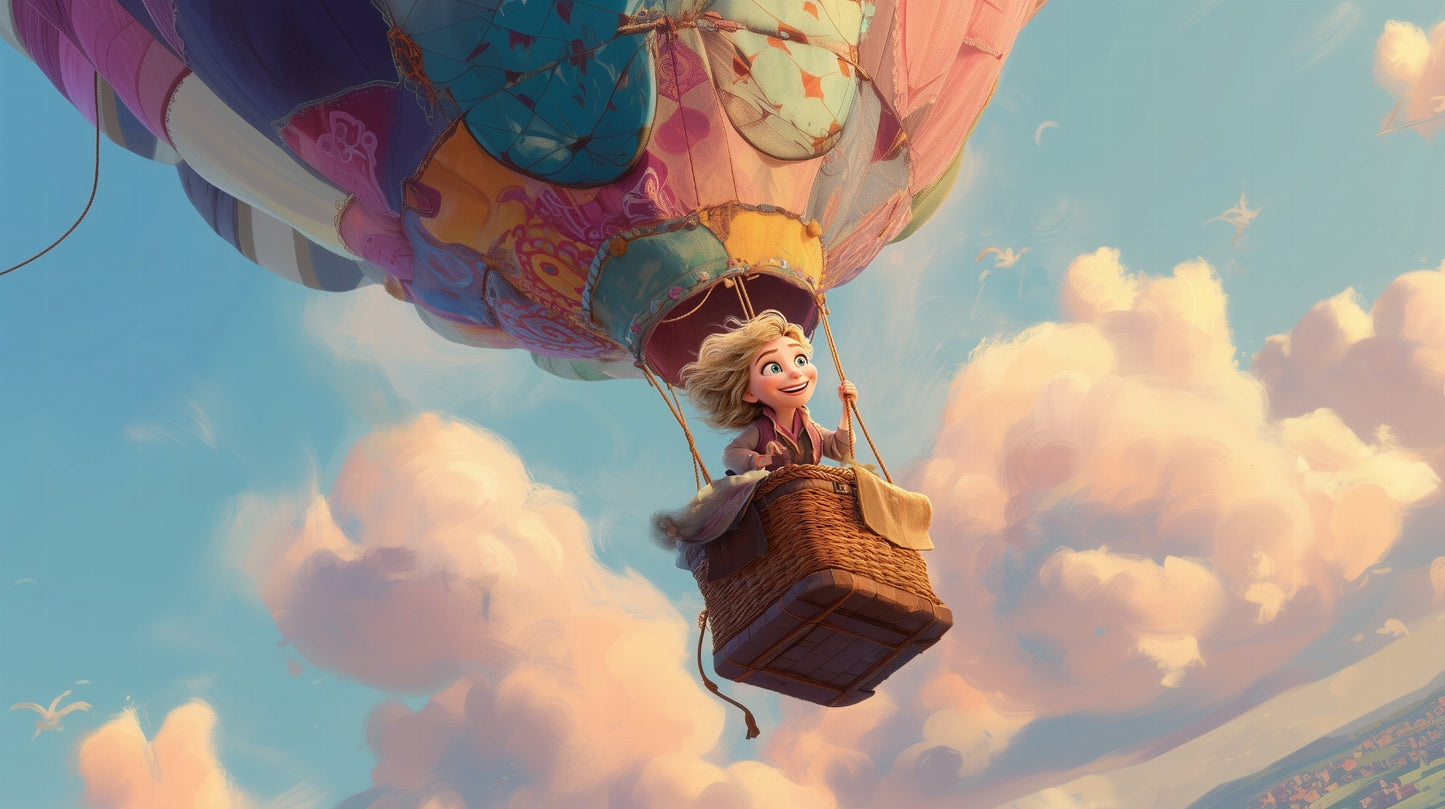 Detailed hot air balloon mural wallpaper design pattern with pastel clouds by Kids-Mundo