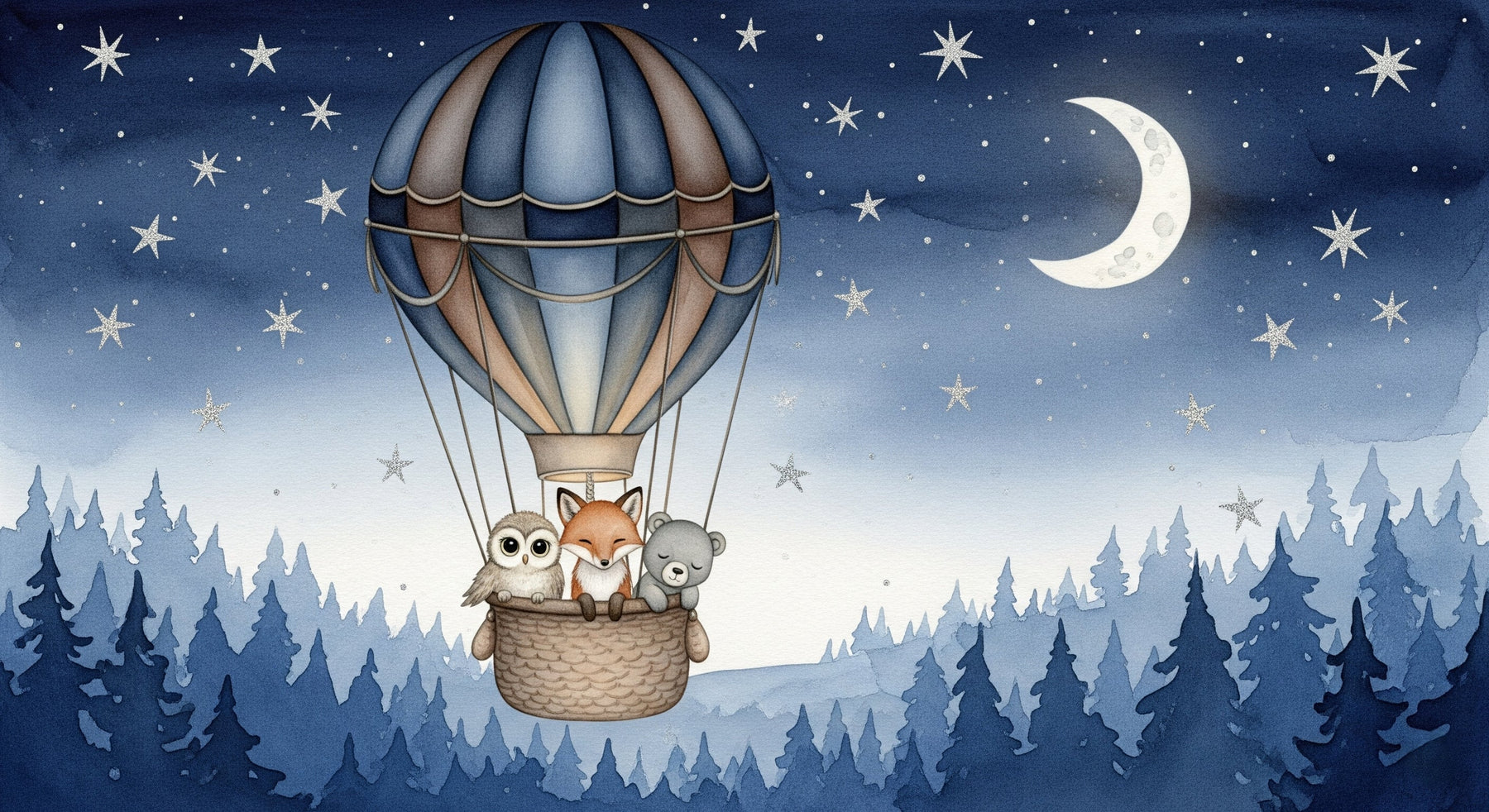 Detailed hot air balloon and forest animals mural wallpaper design pattern by Kids-Mundo