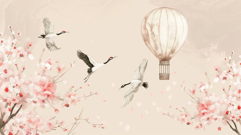 Detailed hot air balloon and cherry blossom mural wallpaper design pattern by Kids-Mundo