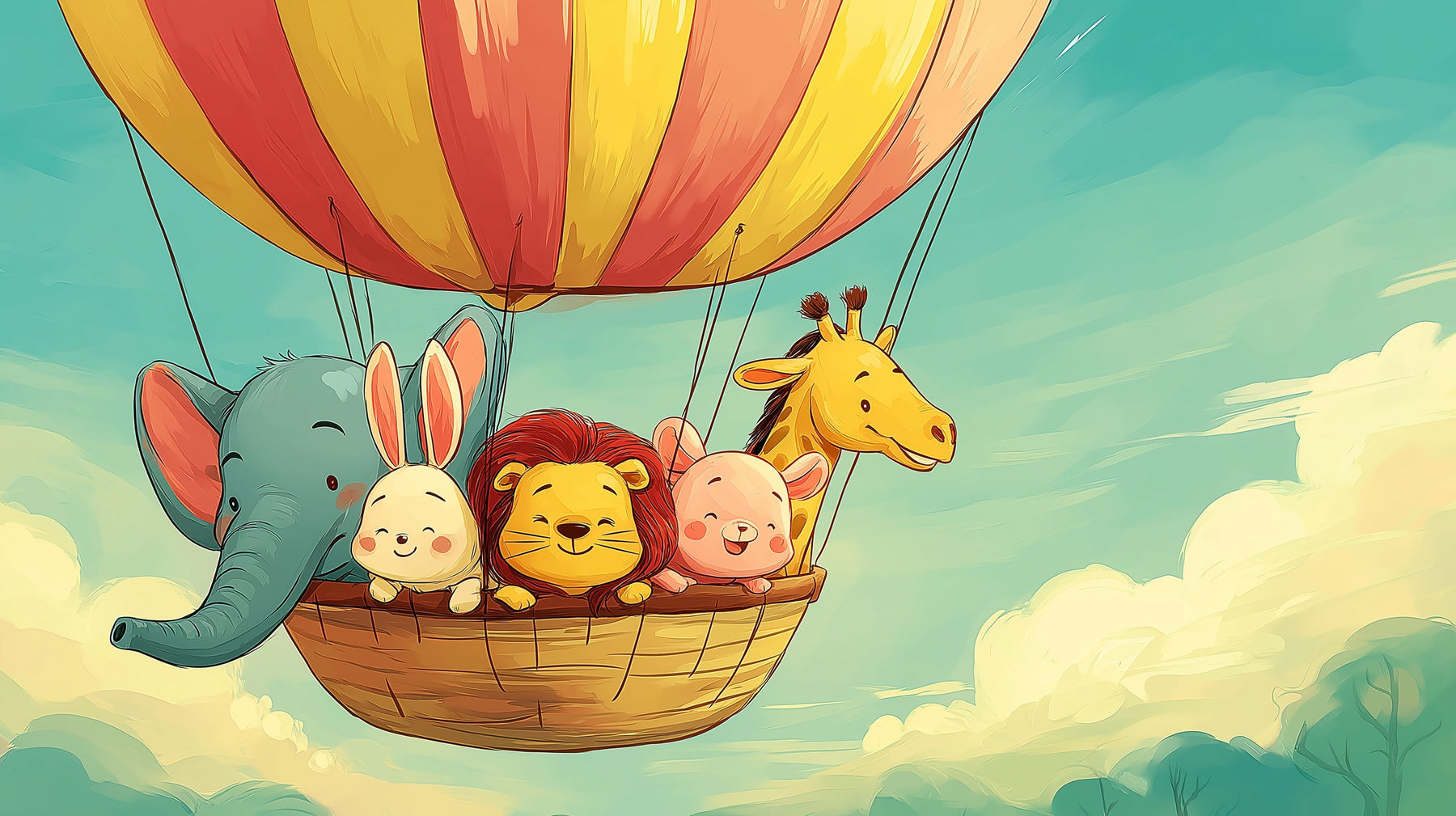 Detailed hot air balloon adventure mural wallpaper design pattern with animals and clouds by Kids-Mundo