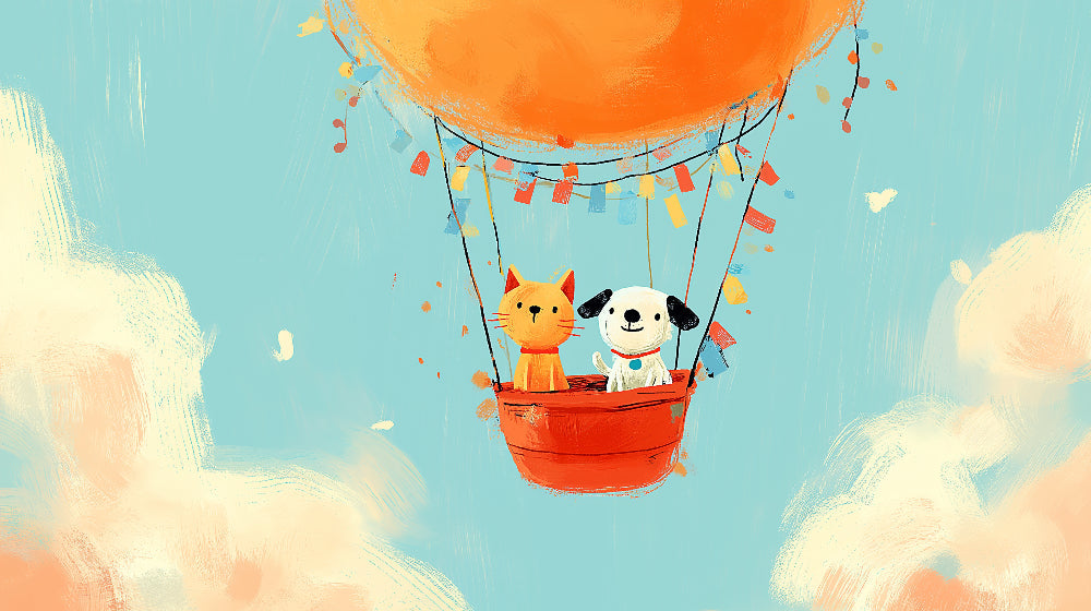 Detailed hot air balloon mural wallpaper design pattern with cat dog and clouds by Kids-Mundo