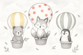Detailed hot air balloon mural wallpaper design pattern with animals in baskets by Kids-Mundo