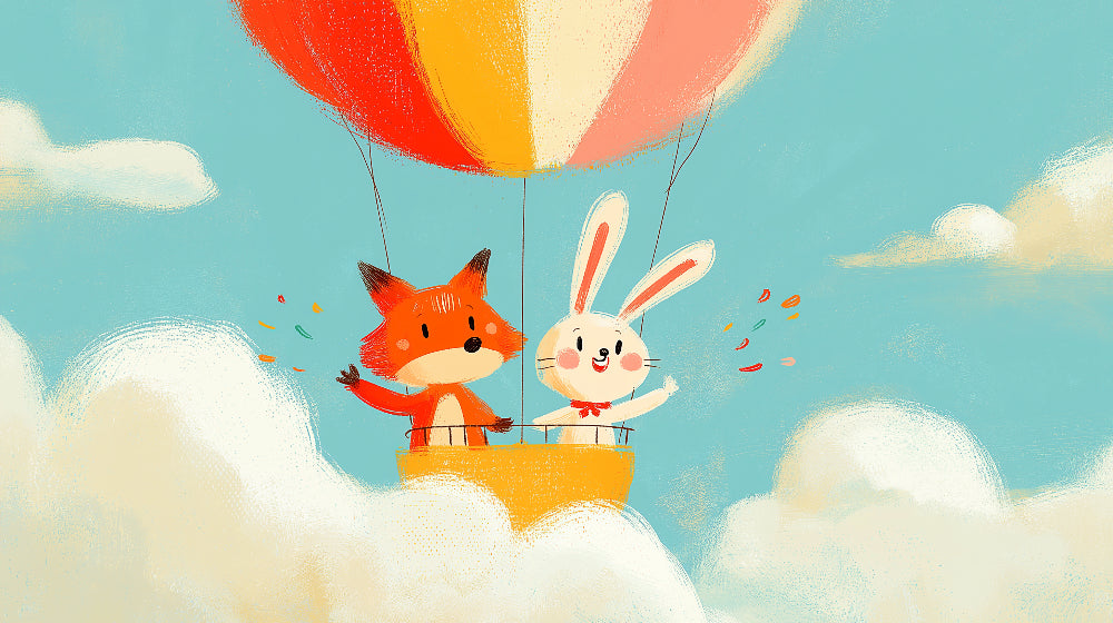 Detailed hot air balloon mural wallpaper design pattern with fox and rabbit characters by Kids-Mundo