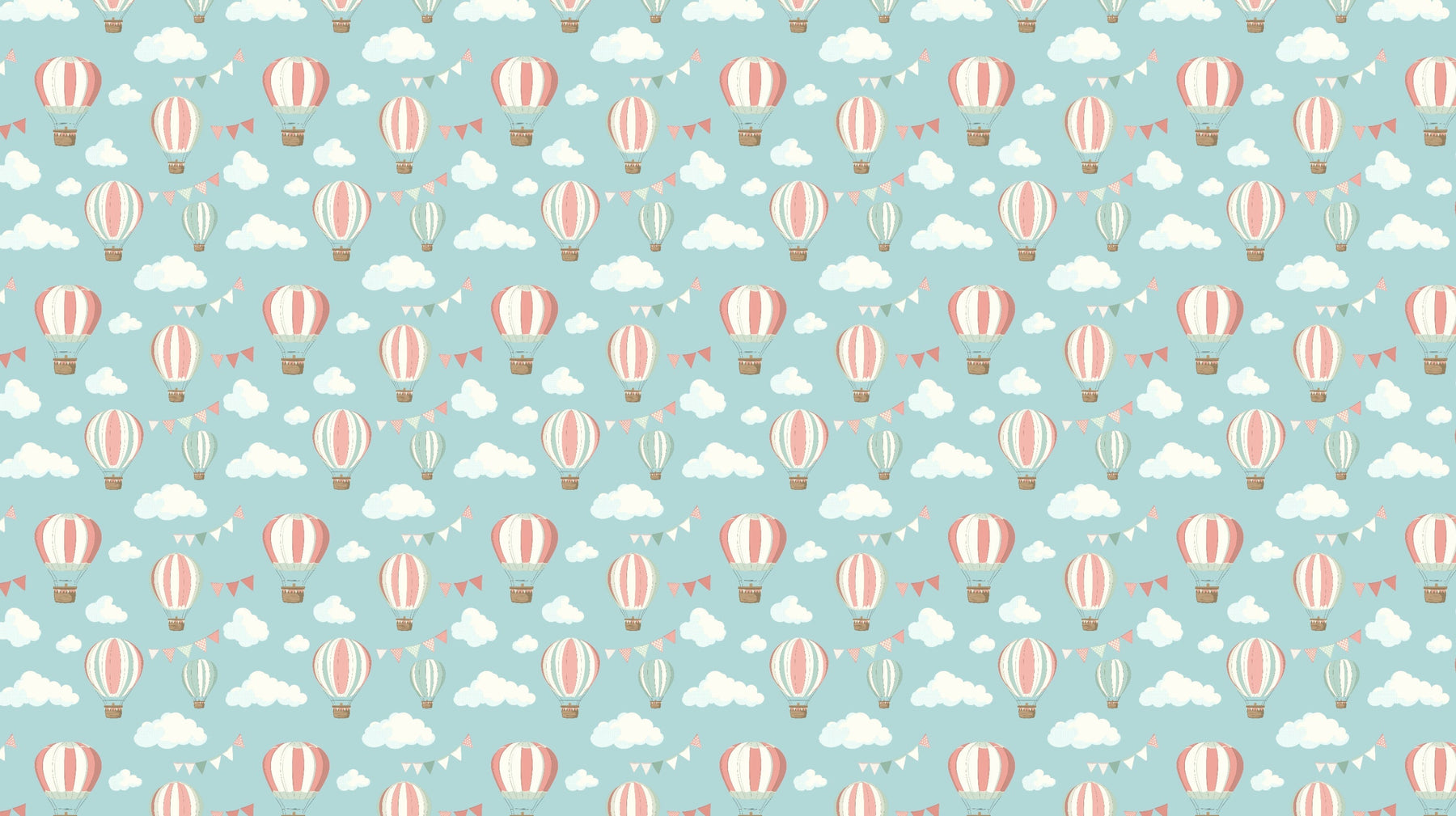 Detailed hot air balloon mural wallpaper design pattern with colorful balloons and clouds by Kids-Mundo