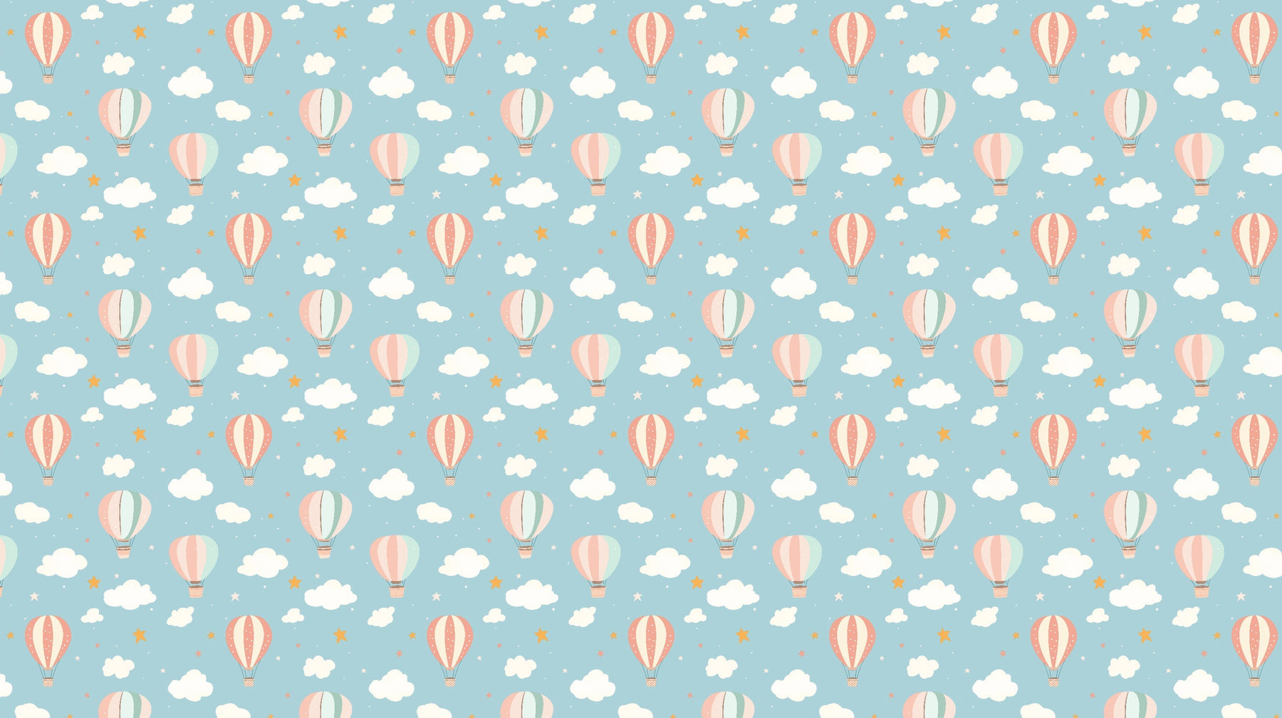 Detailed hot air balloon mural wallpaper design pattern with pastel clouds and golden stars by Kids-Mundo