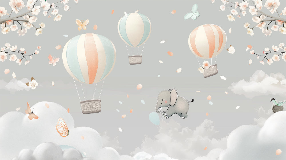 Detailed hot air balloon and elephant mural wallpaper design pattern by Kids-Mundo