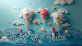 Detailed hot air balloon mural wallpaper design pattern with ocean waves and starlit sky by Kids-Mundo
