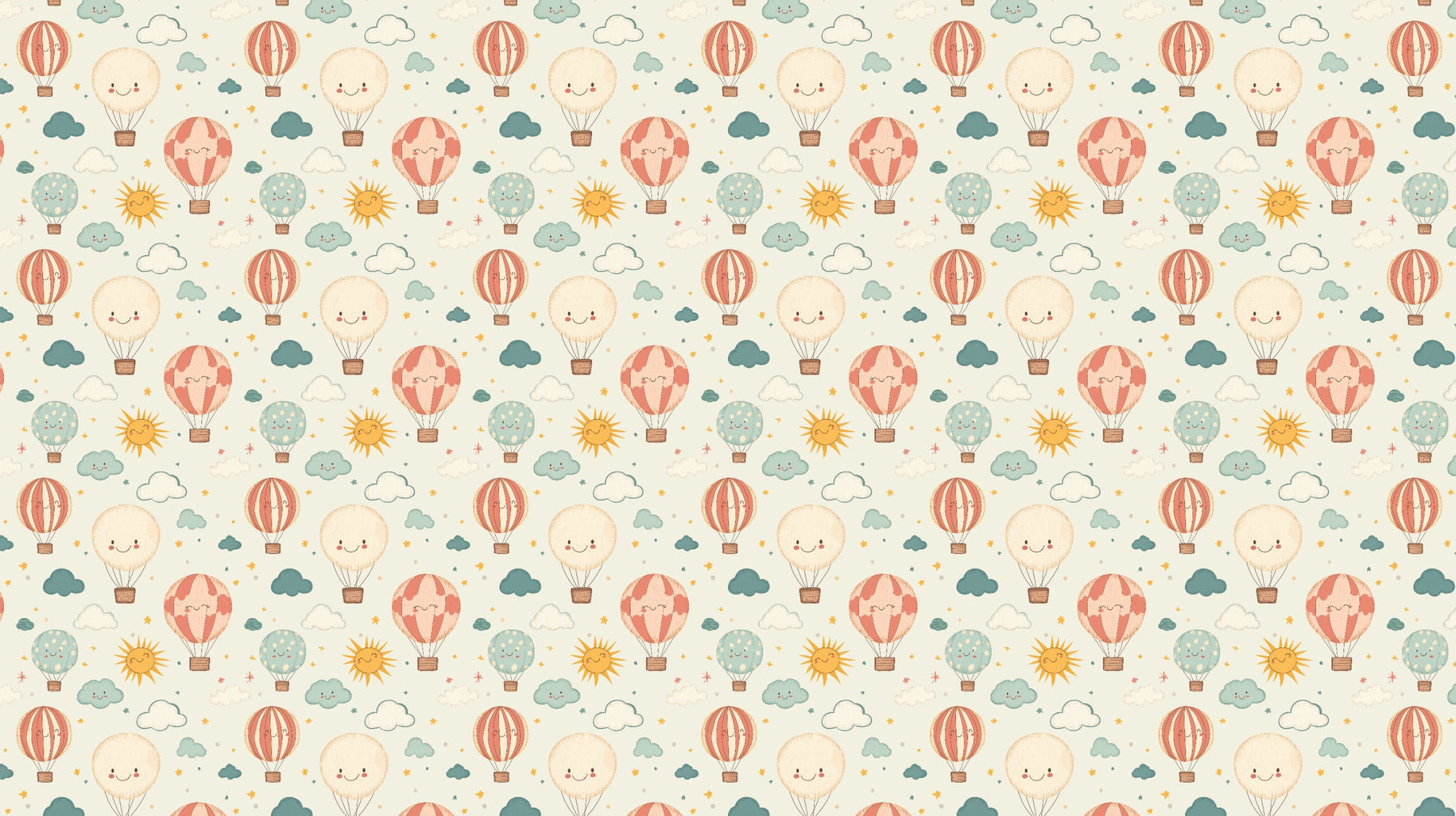 Detailed hot air balloon mural wallpaper design pattern with smiling faces and clouds by Kids-Mundo