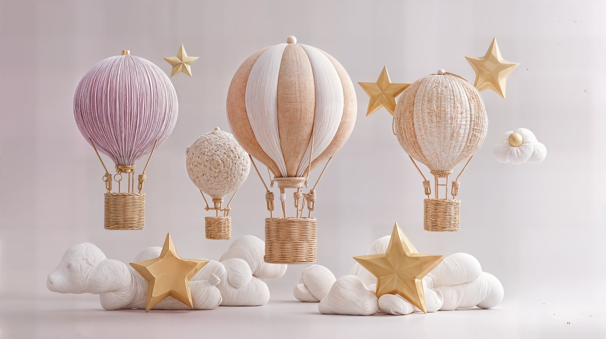 Detailed hot air balloon mural wallpaper design pattern with pastel clouds and golden stars by Kids-Mundo