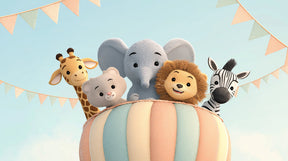 Detailed hot air balloon with safari animals mural wallpaper design pattern by Kids-Mundo