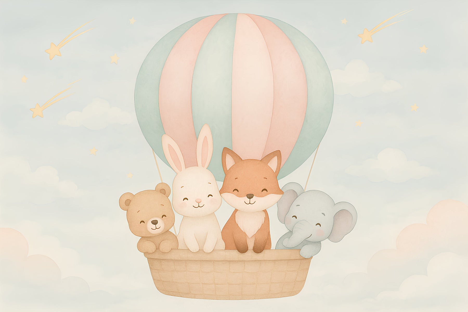Detailed hot air balloon animals mural wallpaper design pattern with pastel sky by Kids-Mundo