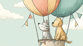 Detailed hot air balloon mural wallpaper design pattern with dog cat adventure by Kids-Mundo