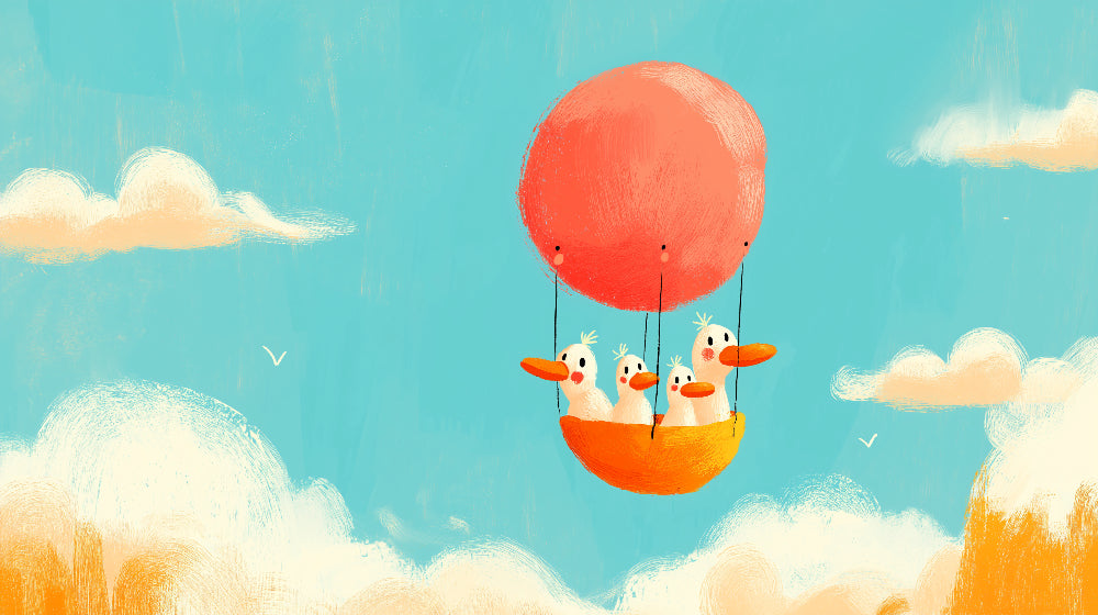 Happy ducks hot air balloon mural wallpaper design pattern detail by Kids-Mundo