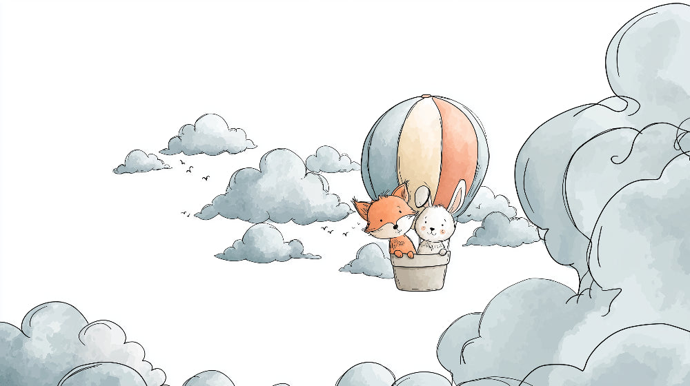 Detailed fox and rabbit hot air balloon mural wallpaper design pattern by Kids-Mundo