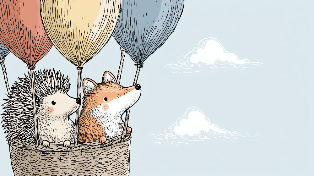Detailed hot air balloon animals mural wallpaper design pattern with hedgehog and fox by Kids-Mundo