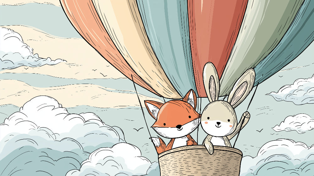 Detailed fox and rabbit hot air balloon mural wallpaper design pattern by Kids-Mundo