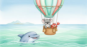Detailed koala hot air balloon ocean adventure mural wallpaper design pattern by Kids-Mundo