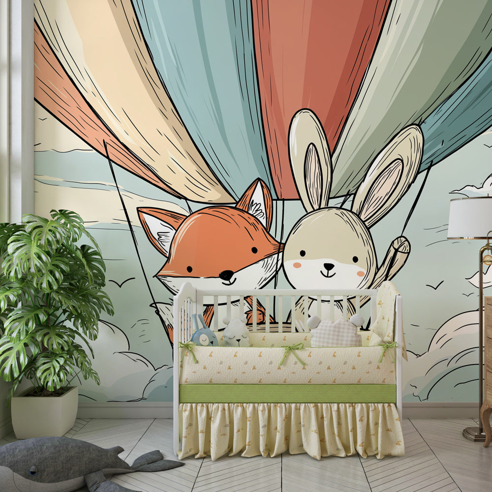 Hot air balloon animal mural wallpaper installed in modern children's room