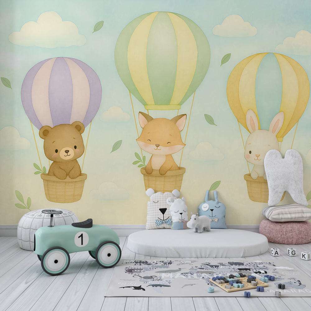 Pastel animals hot air balloon wallpaper creating magical atmosphere in children's bedroom