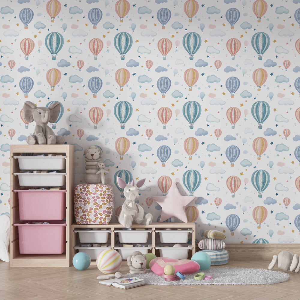 Colorful balloon wallpaper transforming children's bedroom with peaceful sky theme
