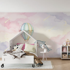 Pastel cloud adventure wallpaper creating dreamy children's bedroom atmosphere