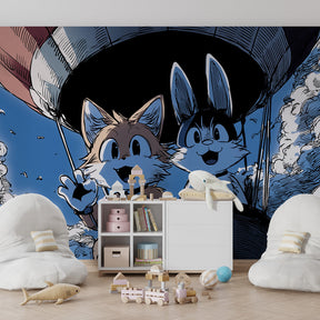 Animal adventure hot air balloon wallpaper creating magical kids bedroom decor by Kids-Mundo
