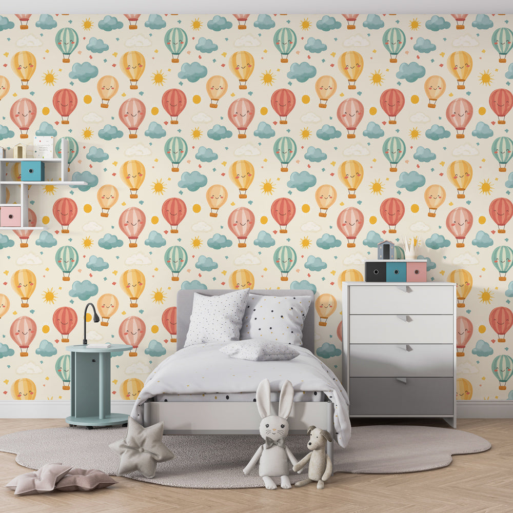 Joyful balloon wallpaper creating dreamy atmosphere in children's bedroom decor