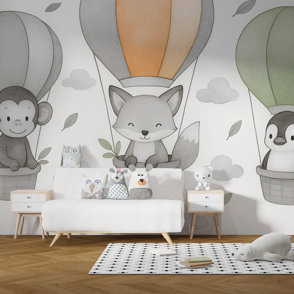 Children's bedroom featuring hot air balloon wallpaper with monkey fox penguin in clouds decor