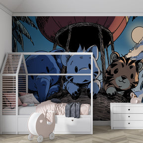 Animal adventure sky wallpaper creating magical atmosphere in children's bedroom decor